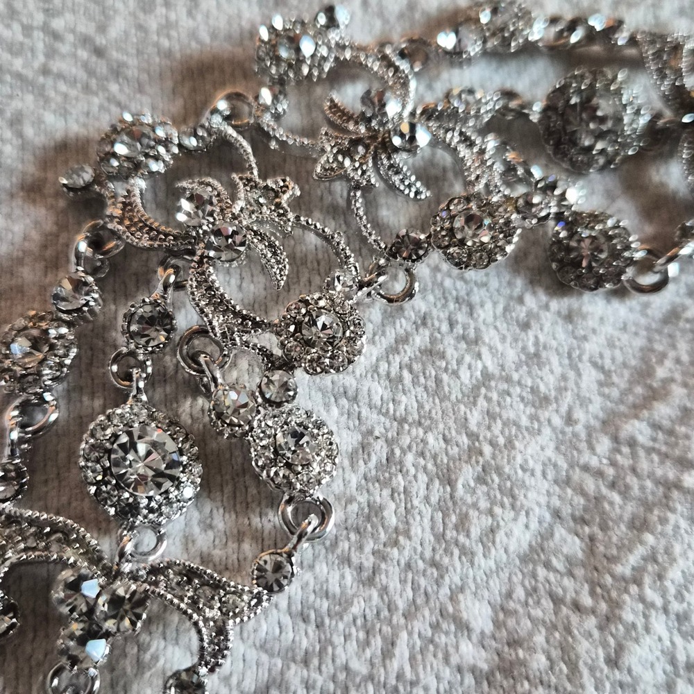 Silver Tone Rhinestone Filigree Statement Bracelet Vintage Style Bridal Cuff